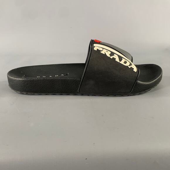 PRADA Size 8 Black & White Logo Rubber Slide Sandals main image 4